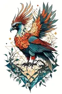 phoenix with vines, celestial elements and geometric negative space, symbolizing resilience, growth, and self tattoo design idea