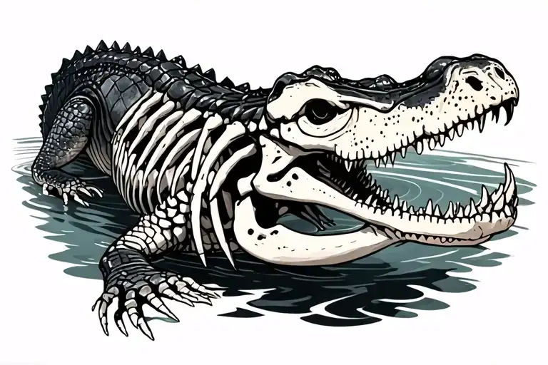 alligator swimming skeleton tattoo design idea