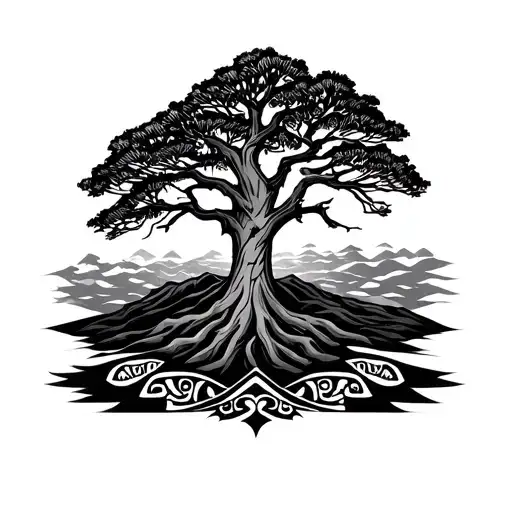 Lebanese cedar tree intertwined with maori design tattoo design idea