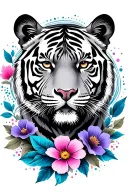 realistic neutral tiger face with flowers surrounding, leaves, dots and lines in blue, violet, pink colour tattoo design idea