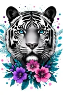 realistic neutral tiger face with flowers surrounding, leaves, dots and lines in blue, violet, pink colour tattoo design idea
