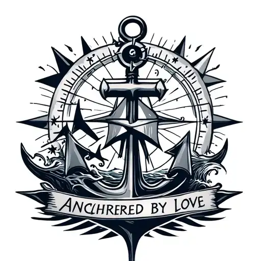 Anchor (central symbol), compass, nautical stars, banner "anchored by love", waves base with ship silhouette tattoo design idea