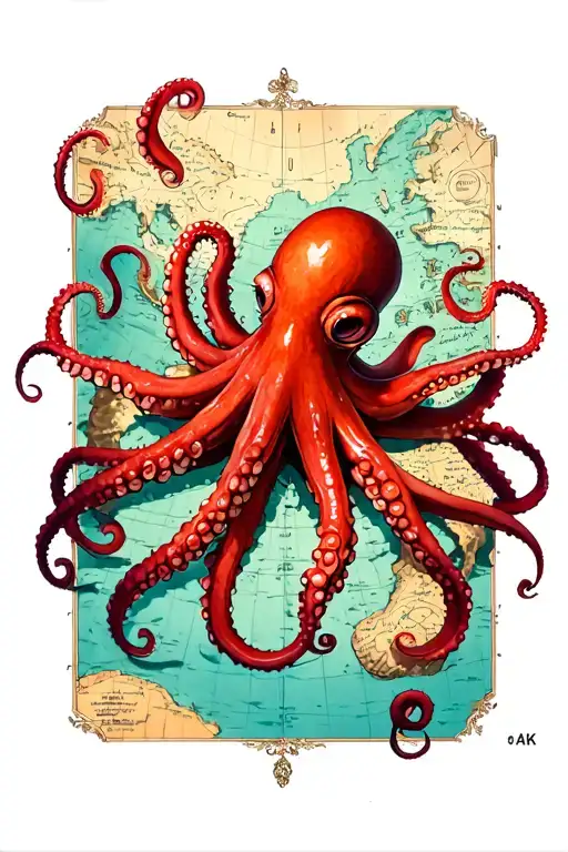 red octopus on treasure map tattoo design idea