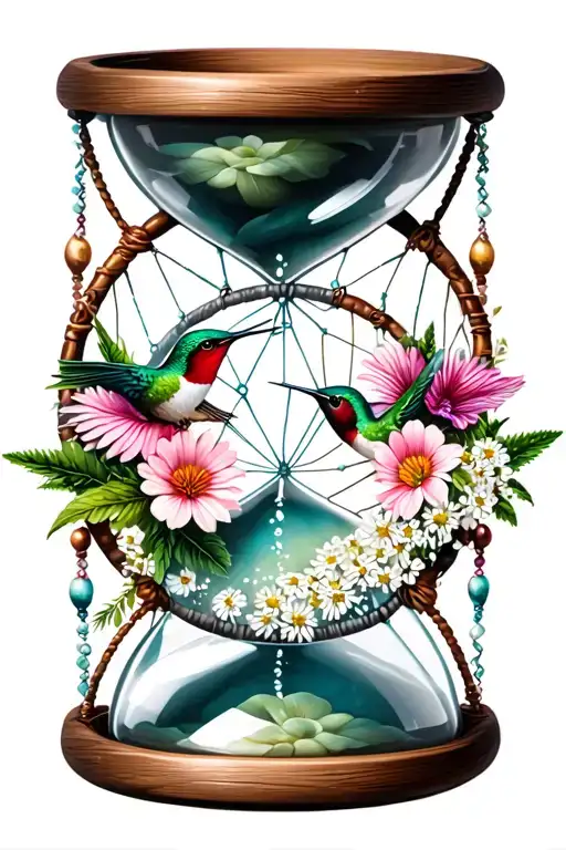 Hourglass, Dream Catcher Filled With flowers hummingbird  Queen Anne's Lace tattoo design idea