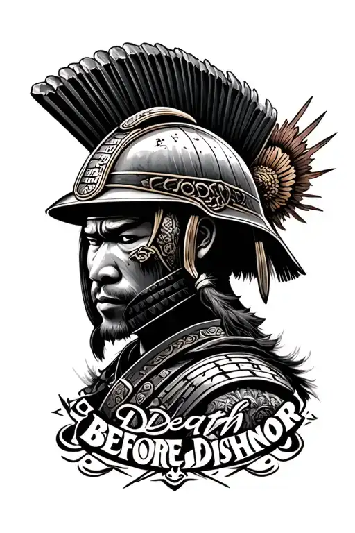 "Death before Dishonor" Japanese Samurai head with helmet tattoo design idea
