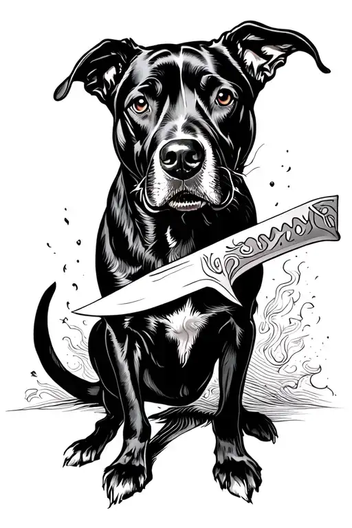 dog standing with a knife in its mouth tattoo design idea