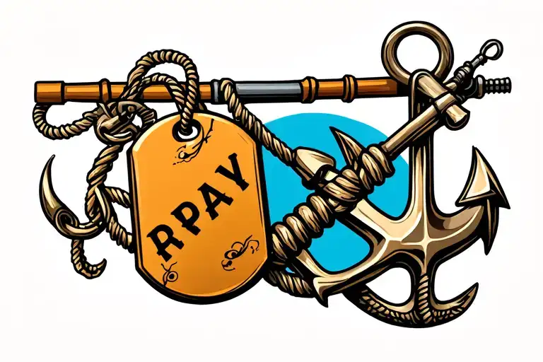 anchor and military dog tag with fishing pole intertwined tattoo design idea