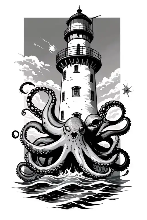 lighthouse and octopus attacking it tattoo design idea
