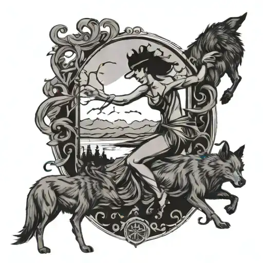 A sultry stripper silhouette dancing in the moonlight, surrounded by mystical wolf spirits tattoo design idea