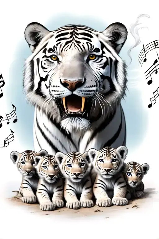 fierce white tiger surrounded by 5 cubs, music notes, wind, narcissus tattoo design idea