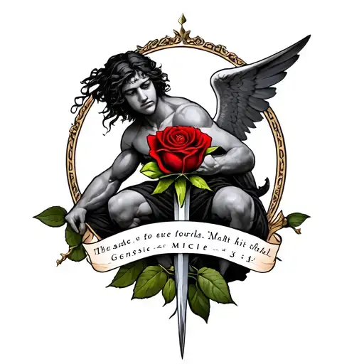 A small red rose, with Micheal angle kneeing above with a sword with Genesis 3:17-19  written in scripture tattoo design idea