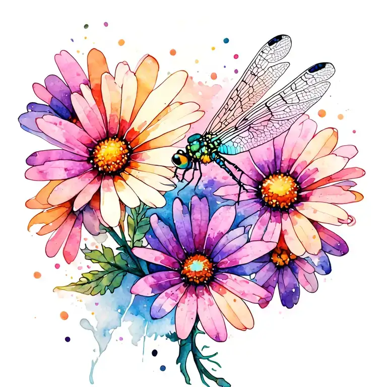 Dragonfly and Daisy flowers tattoo design idea