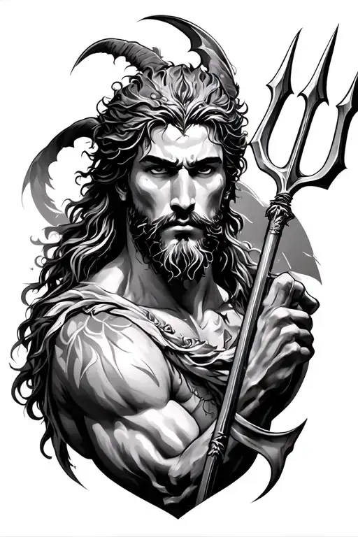 make me a poseidon tattoo idea with not too much detail but also a very nice looking tattoo with his trident overlapping tattoo design idea