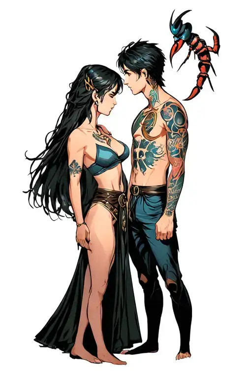 sagittarius women and scorpio man looking at each other tattoo design idea