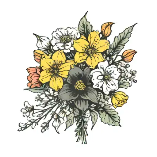 bouquet with Cosmos, Daffodils, Narcissus, and Carnation with stems  tattoo design idea