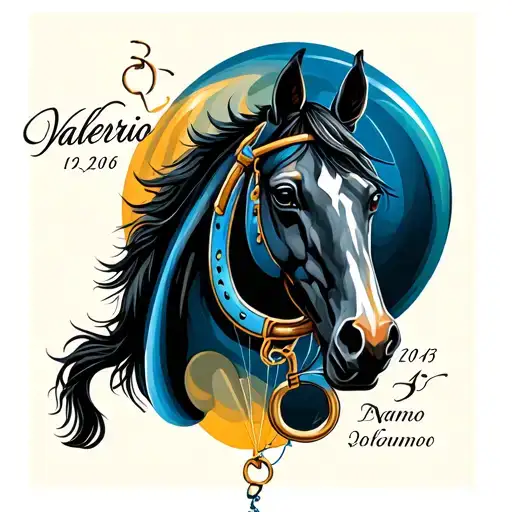 horse link, horseshoe, balloon, date, first name Valerio tattoo design idea