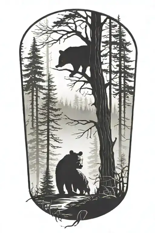 main focus forest scene with two small bears (father and son) tall trees (almost silhouette) wrap around forearm, misty tattoo design idea