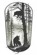 main focus forest scene with two small bears (father and son) tall trees (almost silhouette) wrap around forearm, misty tattoo design idea