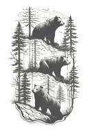main focus forest scene with two small bears (father and son) tall trees (almost silhouette) wrap around forearm, misty tattoo design idea