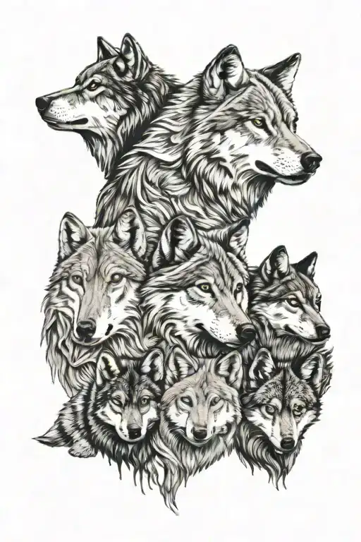 Wolf pack arm sleeve. Father gray wolf, mother gray wolf, 5 gray wolf puppies. tattoo design idea