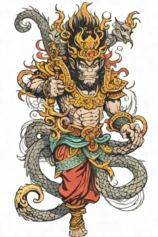 monkey king with dragon breathing fire tattoo design idea