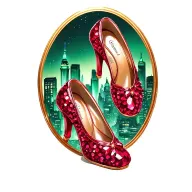 two sparkling ruby ballet slippers with no heel with emerald city in the background tattoo design idea