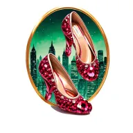 two sparkling ruby ballet slippers with no heel with emerald city in the background tattoo design idea