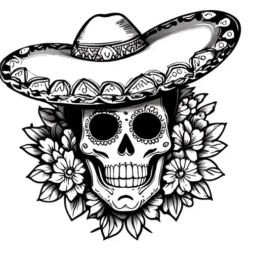 sugar skull wearing sombrero tattoo design idea