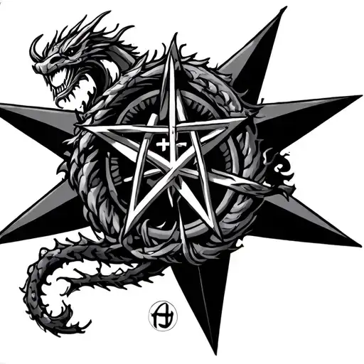 Black and grey tattoo: 13-pointed star with a wingless Chinese ouroboros dragon, barbed grapevine, '4+9=13'  tattoo design idea