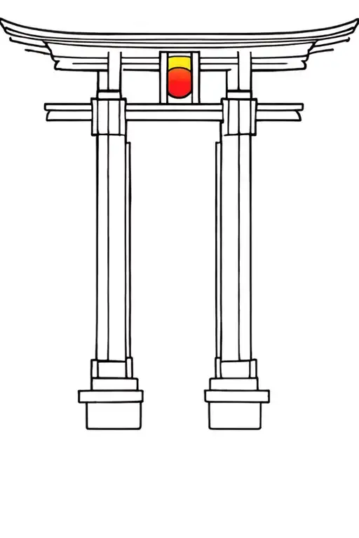 Traditional Japanese Irezumi style torii gate tattoo design, bold black outlines, red and yellow sunset gradient backgro tattoo design idea