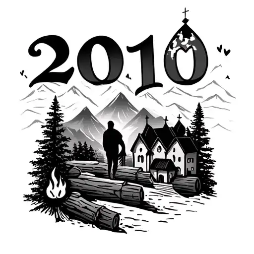 "2010" mountains, love, two people together, small village with church, log of tree, fire in the corner tattoo design idea