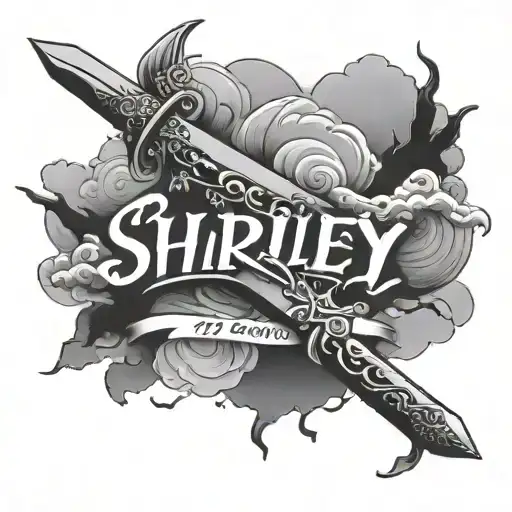 a broken sword with the name Shirley date August 12 2020 with Japanese clouds  tattoo design idea