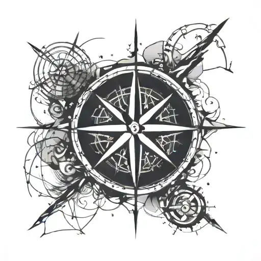 minimalist compass tattoo with edgy, CHAOTIC design. The lines are bold and aggressive  and thin arrows NOT REALISTIC tattoo design idea