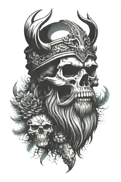  Viking Skull with beard with pine tree  with a crown made from deer antlers tattoo design idea