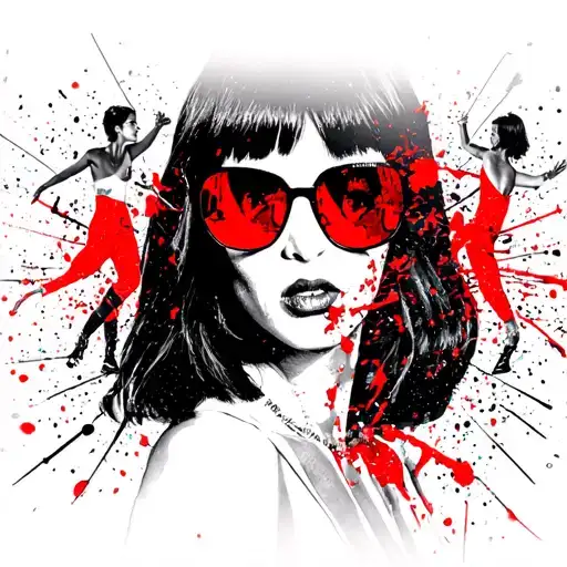 Mia Wallace from pulp fiction with sunglasses with people dancing in the reflection of the sunglasses  tattoo design idea