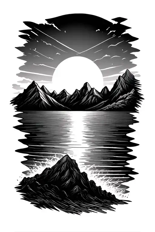 thin line style, mountains, ocean, sunrise, sunset, baseball tattoo design idea