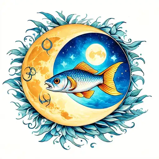 Tattoo design with composition of the sign of Pisces ascendant Libra, descendant Aries and lunar sign Cancer tattoo design idea