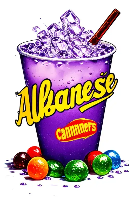 Double Cup of Styrofoam Tipped Over. purple drink, ice, and jolly ranchers spilling out. cursive "Albanese" on spill. tattoo design idea
