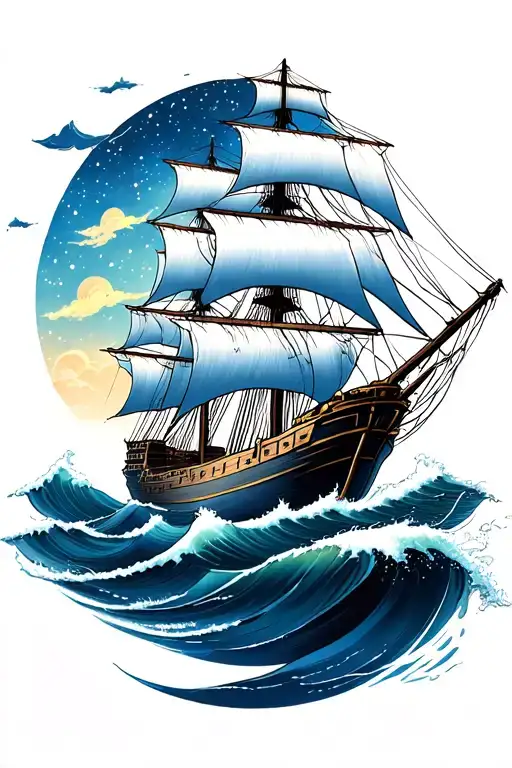 clipper ship sailing through the sea under the stars  tattoo design idea