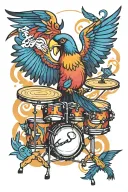 A colorful tattoo of a bird playing the drums in different countries around the world tattoo design idea