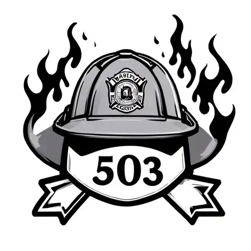firefighter helmet with 503 badge and ribbon flyer in flames tattoo design idea