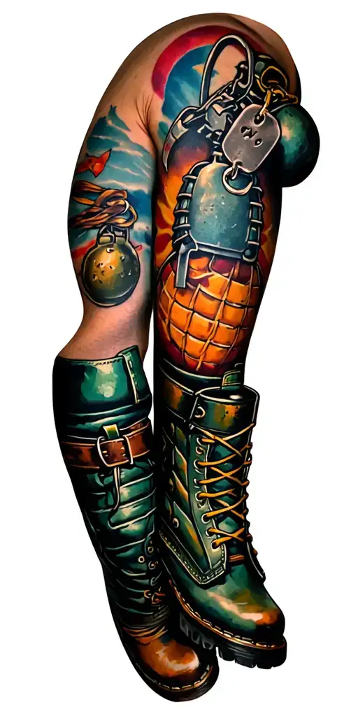 A sleeve tattoo featuring iconic military symbols like dog tags, grenades, and boots tattoo design idea