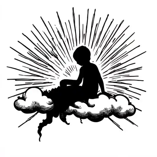 child silhouette sitting on the edge of a cloud with sun rays behind it tattoo design idea