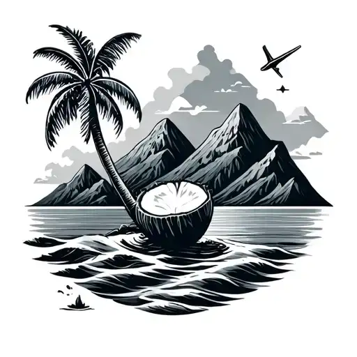 plane, mountain, sea, coconut tree, geometric design incorporating tattoo design idea