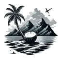 plane, mountain, sea, coconut tree, geometric design incorporating tattoo design idea
