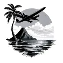 plane, mountain, sea, coconut tree, geometric design incorporating tattoo design idea