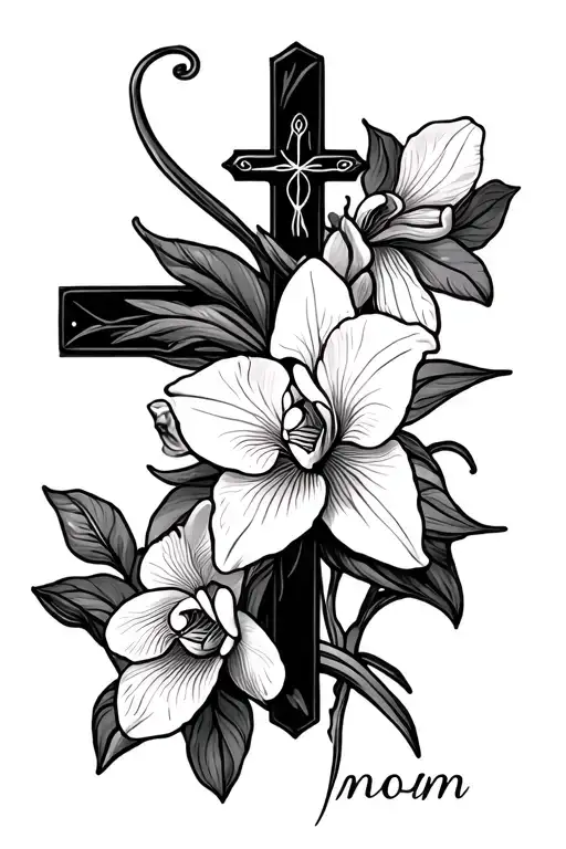memorial tattoo for mom with cross and orchid tattoo design idea