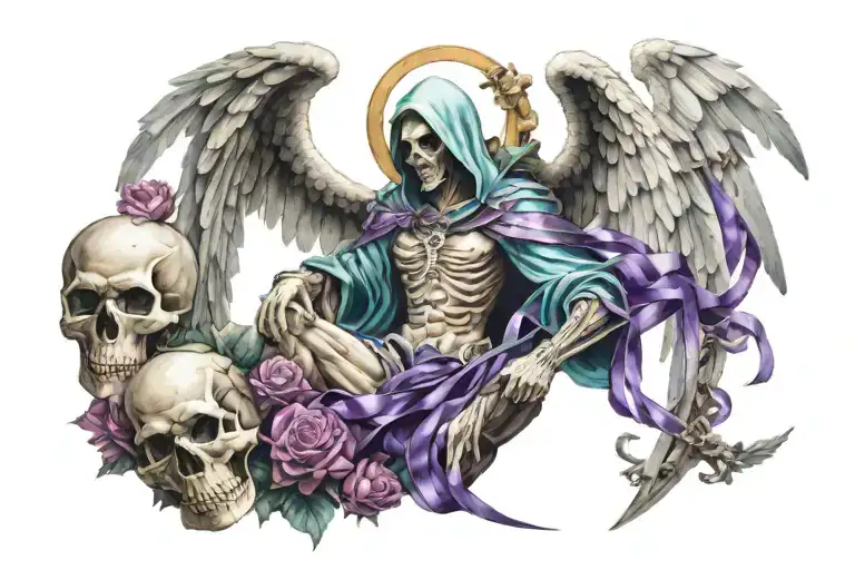 Guardian angel with teal and purple ribbons surrounded by flowers fighting grim reaper surrounded by skulls tattoo design idea