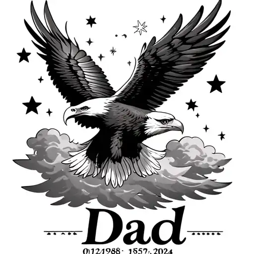 "Dad 01/02/1958-18/09/2024" eagle stars shining clouds tattoo design idea