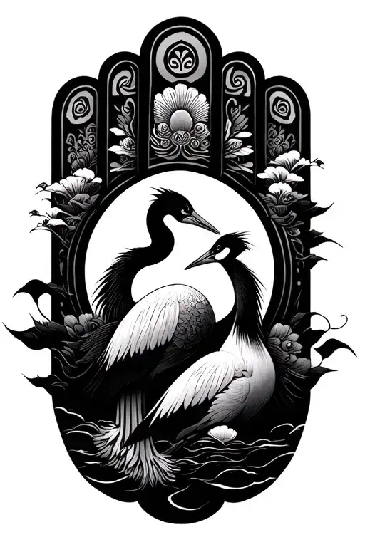 two cranes, japanese fan, hamsa tattoo design idea